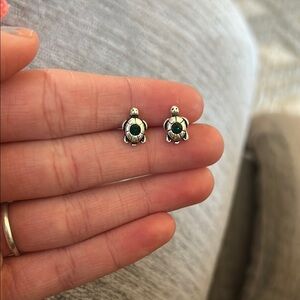 Silver Turtle Earrings with Green Gemstone